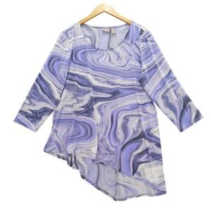 Chico's Tunic Top Sz 2 L Purple Grey Marble Print Asymmetrical Hem Long Sleeve